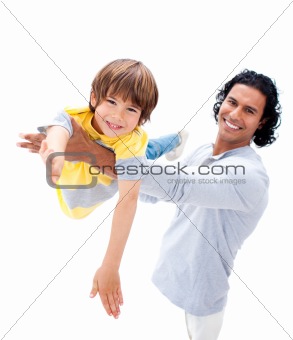 Cheerful father having fun with his son 