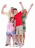 Happy family raising their hands and having fun