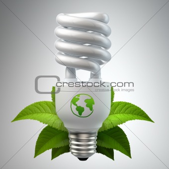 White energy saving light bulb with leafs on white