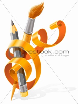 art tools pencil and brush braided by orange ribbon