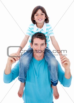 Tender chil enjoying piggyback ride with his father