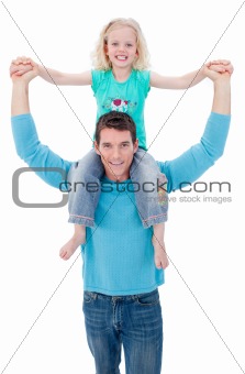 Father giving daughter piggy back ride with thumbs up against white background