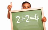 Proud Hispanic Boy Holding Chalkboard with Math Equation and Thumbs Up Isolated on a White Background.