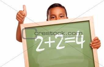 Proud Hispanic Boy Holding Chalkboard with Math Equation and Thumbs Up Isolated on a White Background.