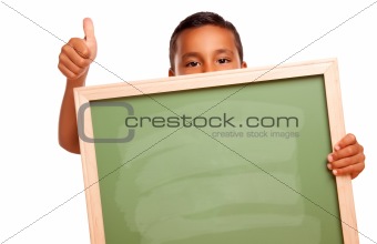 Cute Hispanic Boy Holding Blank Chalkboard and Thumbs Up Isolated on a White Background.