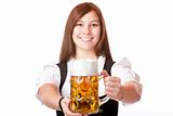 Happy Bavarian woman holding Oktoberfest beer stein