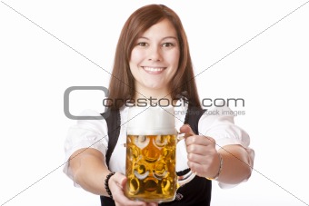 Happy Bavarian woman holding Oktoberfest beer stein