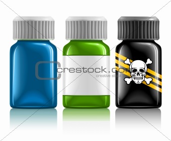 three medical bottles with medication and poison