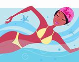 Swimming dark skin sexy woman in water pool