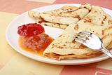 pancakes with delicious jam on white plate