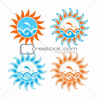four versions of waves and fish in sun