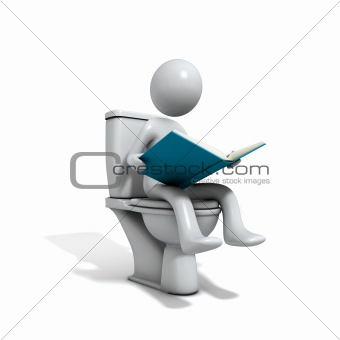 Men sitting at the toilet bowl with a book.