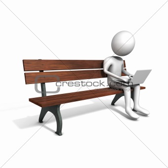 Men sitting on the bench with a white laptop.