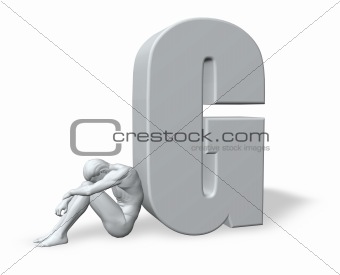 sitting man leans on uppercase letter g