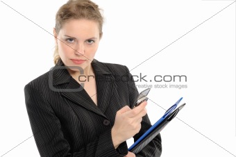 Beautiful woman with a folder, phone