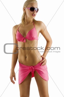  blond sexy girl in pink bikini and sunglasses
