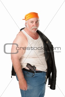 Fat hoodlum with pistol and orange bandana