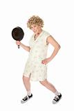 Funny housewife with frying pan