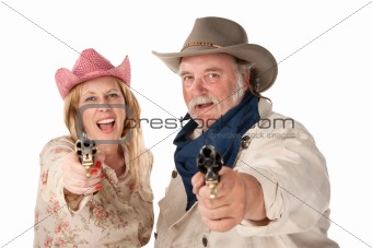 Man and woman aiming guns
