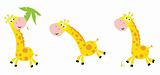 Vector cartoon yellow giraffe in 3 poses: eating, running and standing