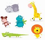 Six cute safari animals - giraffe, croc, rhino, hippo, lion, monkey