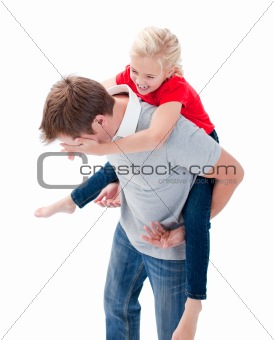 Lively father giving his daughter piggyback ride