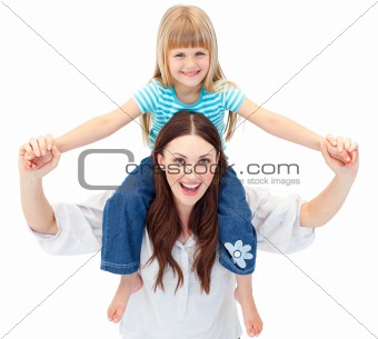 Joyful mother giving piggyback ride to her daughter isolated on a white background