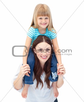 Attractive brunette mother giving her daughter piggyback ride