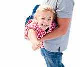 Close-up of little girl enjoying piggyback ride with her father