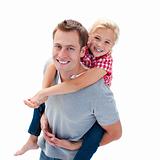 Blond little girl enjoying piggyback ride with her father