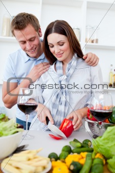 Loving couple preparing dinner
