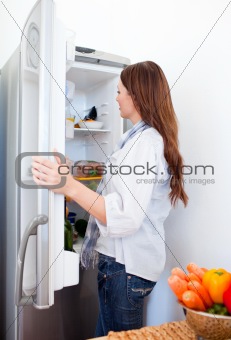 Attractive woman looking for something in the fridge