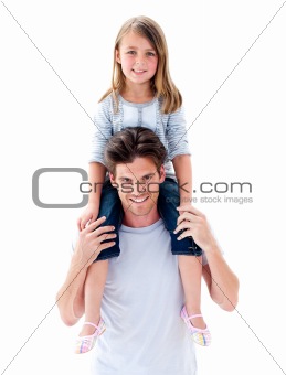 Elegant father giving his daughter piggyback ride