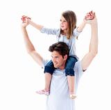 Charming father giving his daughter piggyback ride