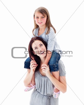 Charismatic mother giving her daughter piggyback ride
