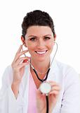 Happy female doctor holding a stethoscope