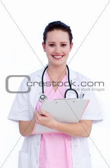 Portrait a positive female doctor writing notes 