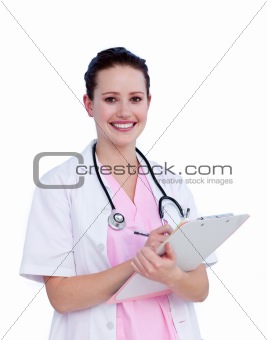 Portrait a smiling female doctor writing notes