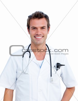 Portrait of a young male doctor holding a stethoscope