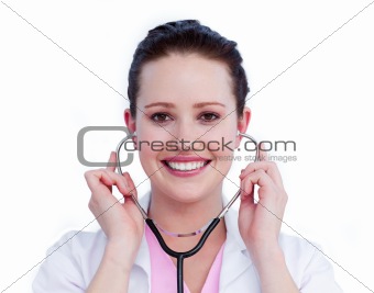 Portrait of an attractive female doctor holding a stethoscope