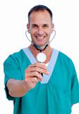 Portrait of a charming male doctor holding a stethoscope