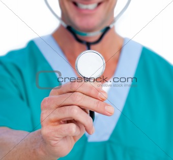 Close-up of a smiling doctor holding a stethoscope