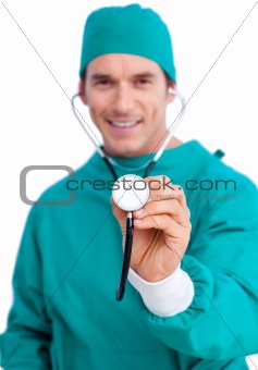 Portrait of an enthusiastic surgeon holding a stethoscope