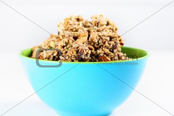 shot of Homemade granola in cereal bowl