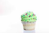 shot of vanilla cupcake with lime green frosting