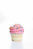 shot of a vanilla cupcake with pink frosting vertical