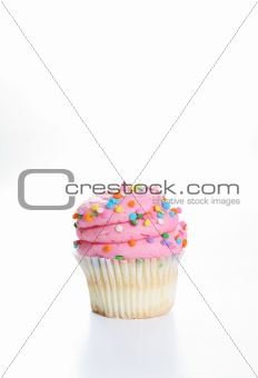 shot of a vanilla cupcake with pink frosting vertical