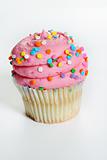 shot of a gourmet pink cupcake up close vertical