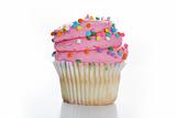 shot of a Cupcake with pink frosting and sprinkles