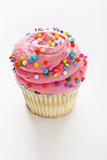 shot of a Cupcake with pink frosting and sprinkles vertical